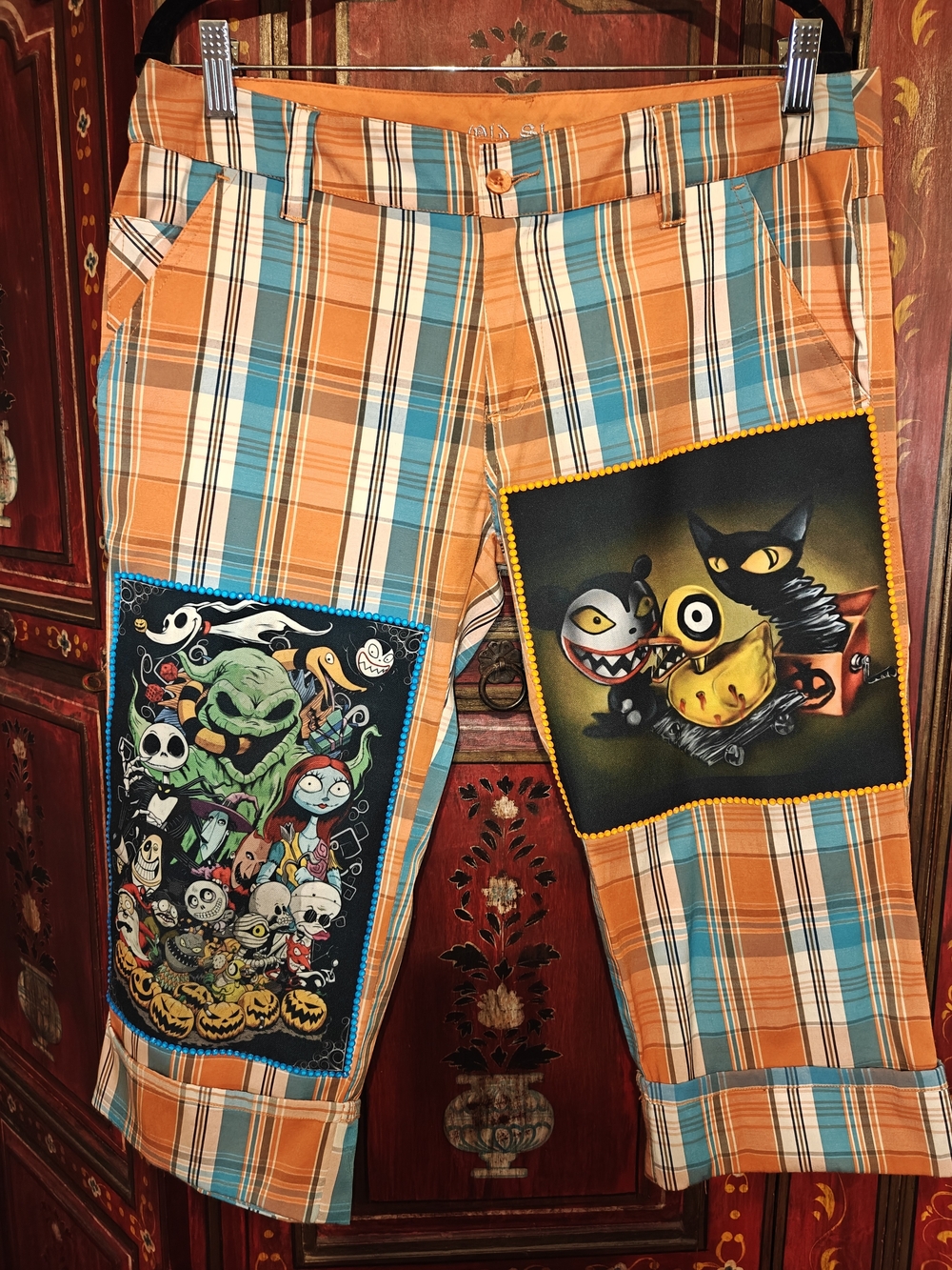 Halloween Nightmare Before Xmas Orange/Turquoise Plaid Art Wear Upcycled Pants